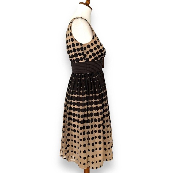 Burlapp Black & Beige Pleated Polka Dot Sleeveless V Neck A Line Dress Size 0 - Picture 3 of 9